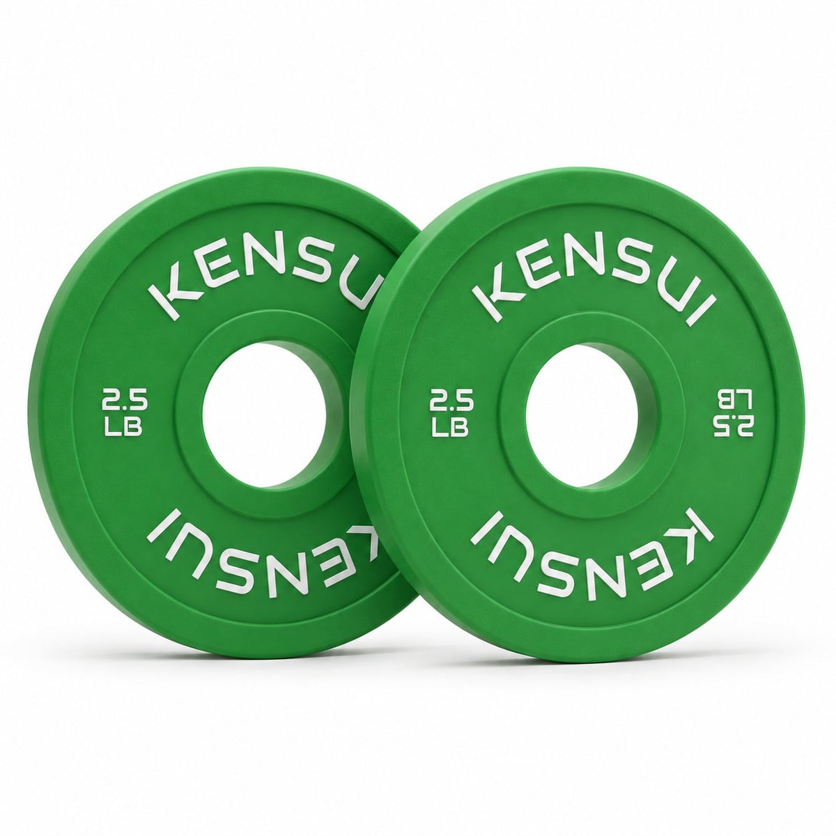 Pair of Kensui green 2.5 lb rubber change plates on a white background