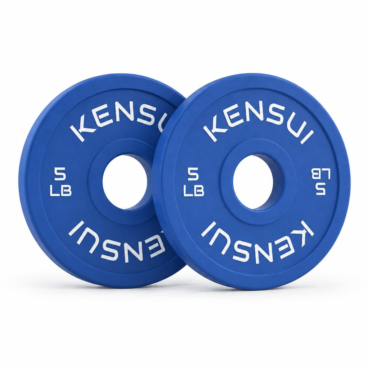 Pair of Kensui blue 5 lb rubber change plates on a white background