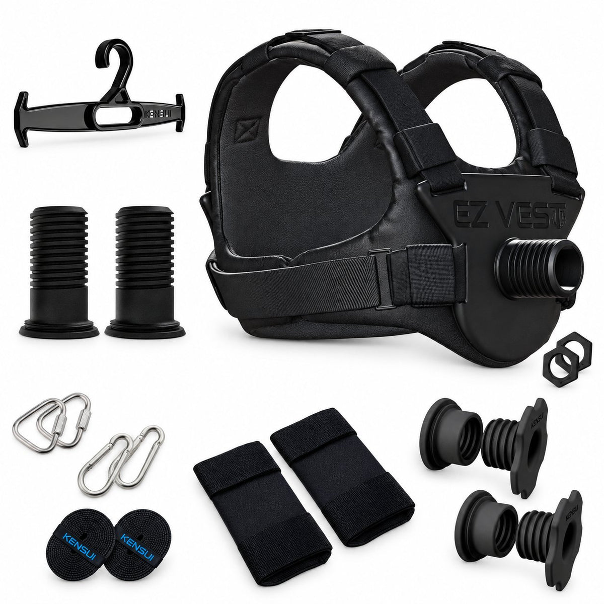 EZ-VEST PRO bundle with vest, hanger, extension sleeves, XT sleeves, padding, suspension straps and carabiners
