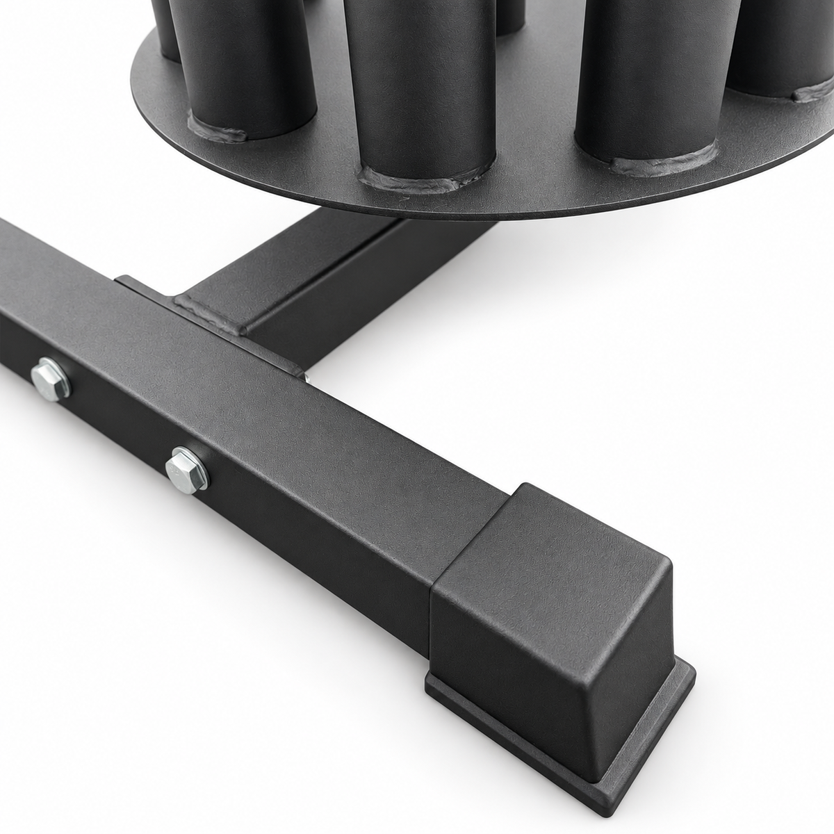 Close-up of the REVO RACK steel base, silver bolts, and rubber foot on a white background