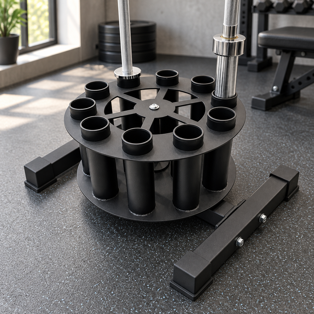 Kensui REVO RACK holding two barbells in a home gym