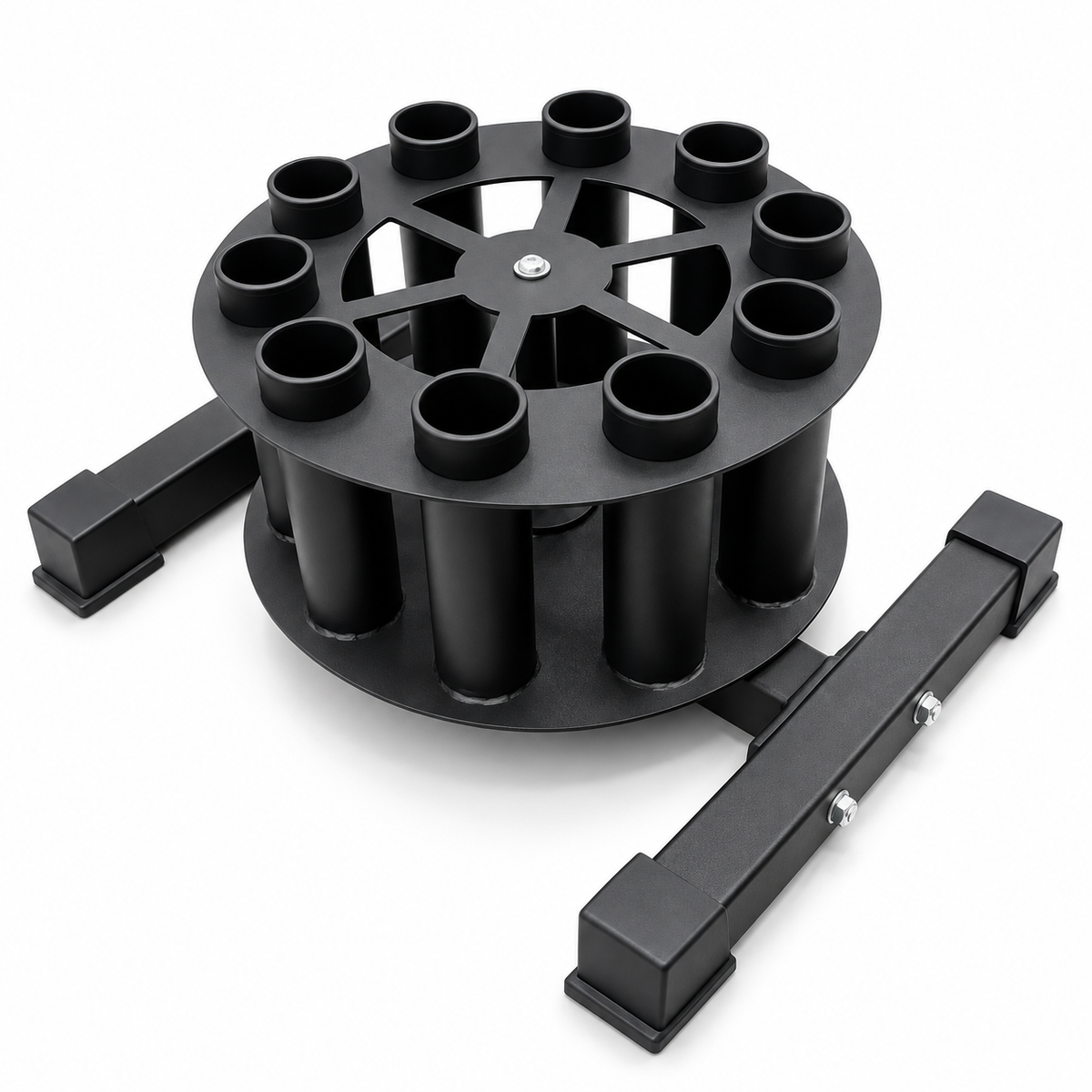 Kensui REVO RACK with ten empty barbell storage tubes and a wide steel base on a white background
