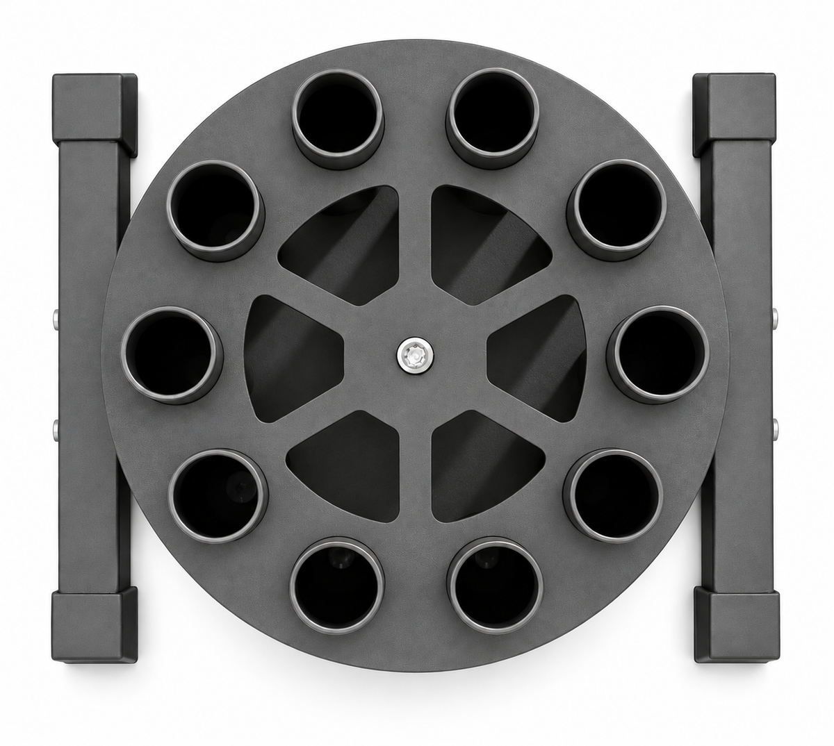 Top view of the REVO RACK with ten barbell storage tubes and a solid dark base on a white background