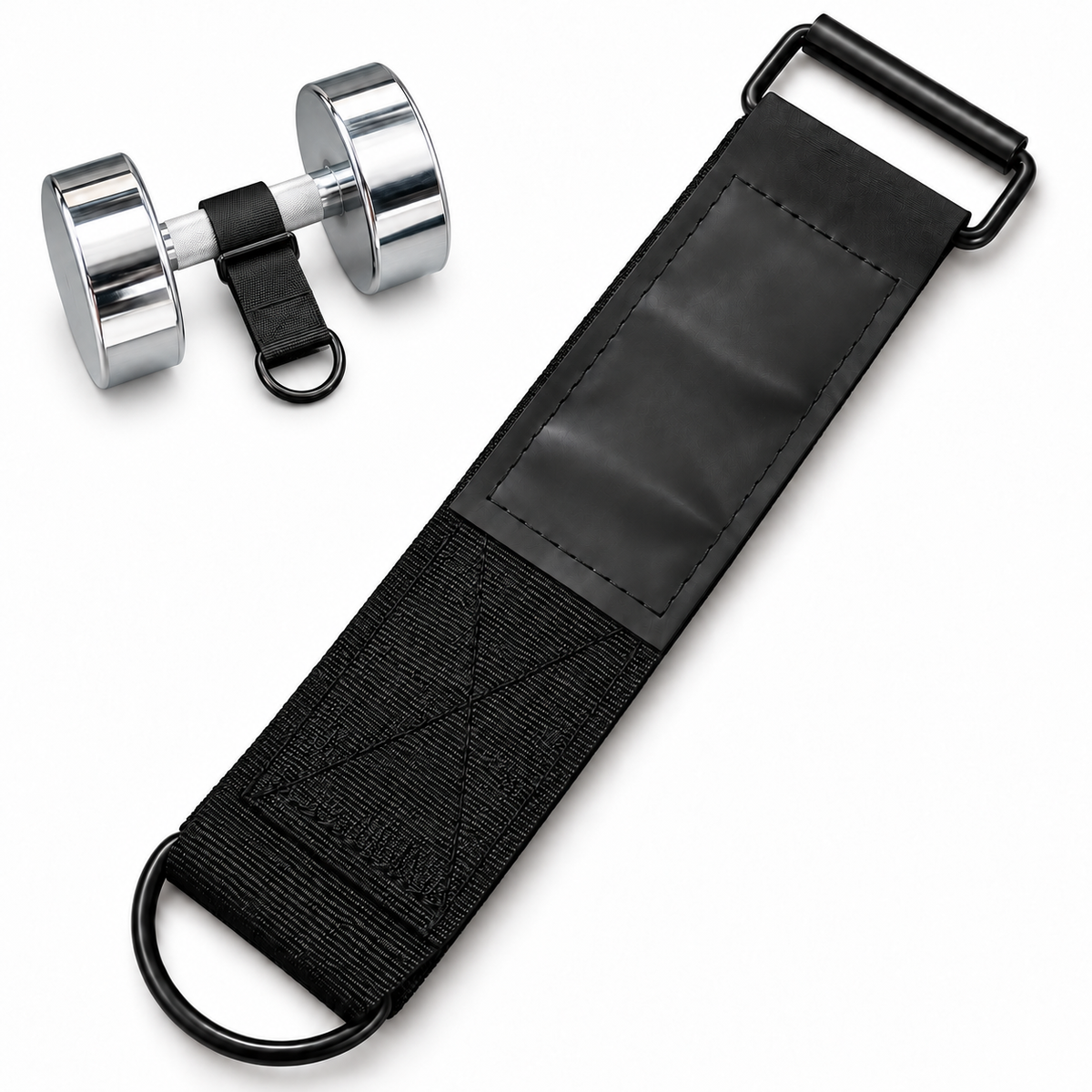 Rubber Lined Dumbbell and Barbell Strap on white, with a top-left inset showing the strap fitted around a chrome dumbbell handle