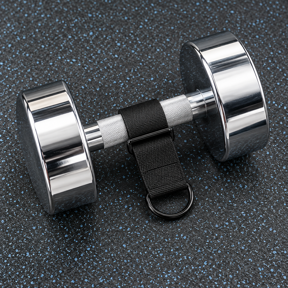 Black rubber lined strap wrapped around a chrome dumbbell handle with its D-ring exposed