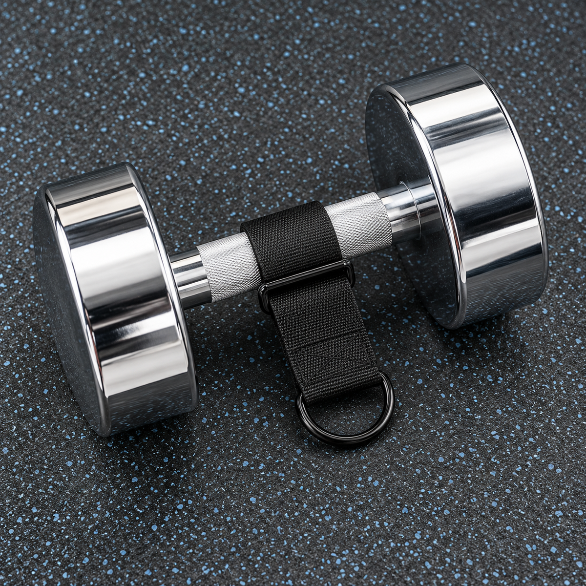 Black rubber lined strap wrapped around a chrome dumbbell handle with its D-ring exposed