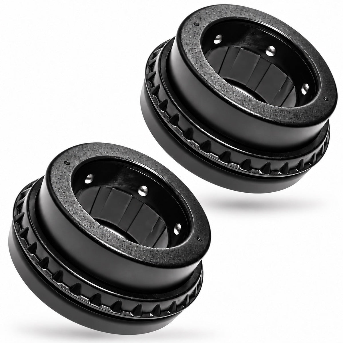 Pair of black Kensui auto-lock Olympic barbell collars floating diagonally with rear faces visible