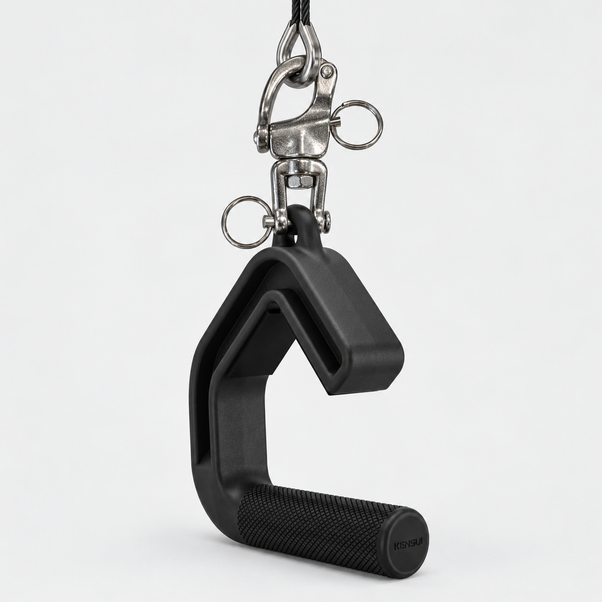 Silver swivel shackle connecting a cable to a Swissies V2 handle on a white background. Handle sold separately.