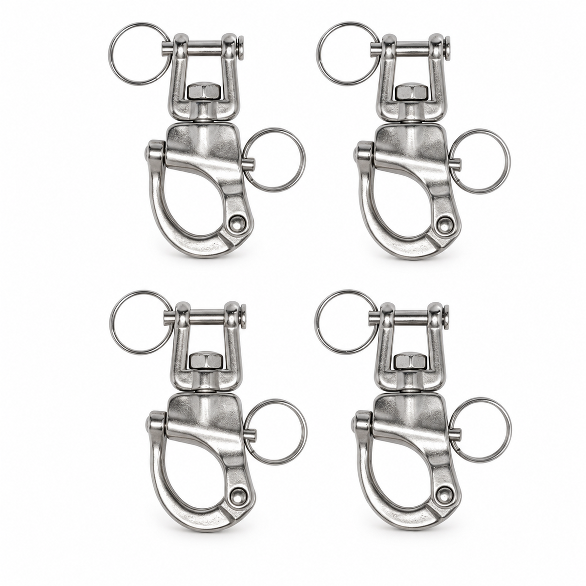 Four silver swivel shackles with closed snap clasps on a white background.
