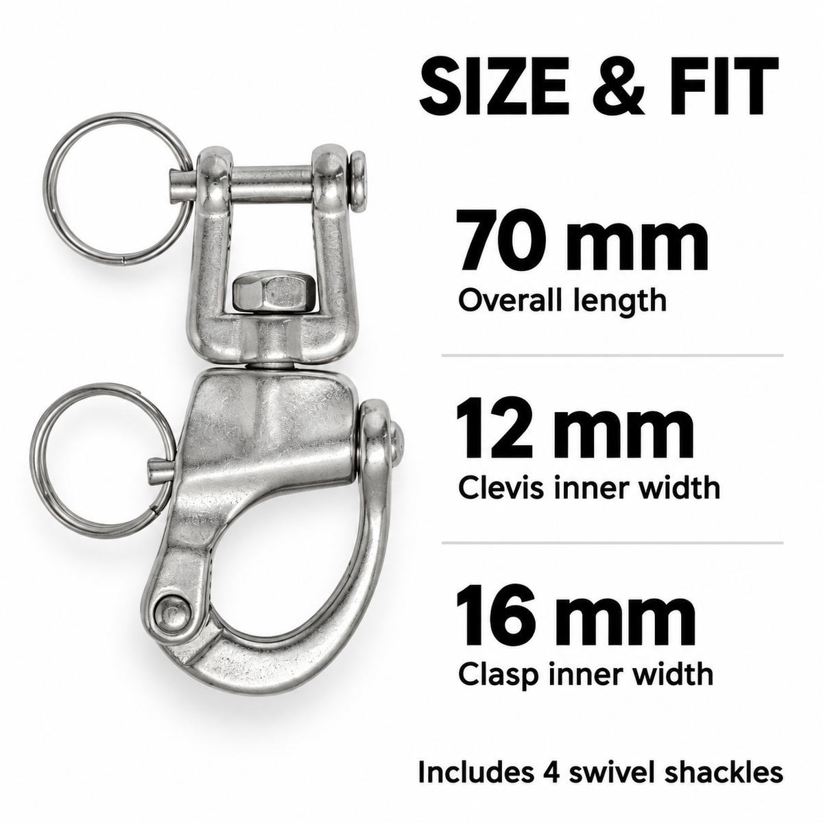 Swivel shackle dimensions: 70 mm overall length, 12 mm clevis inner width, and 16 mm clasp inner width. Includes four shackles.