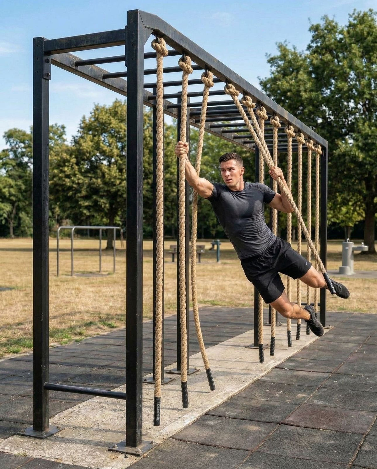Athlete swinging between EZ-ROPEs on monkey bars