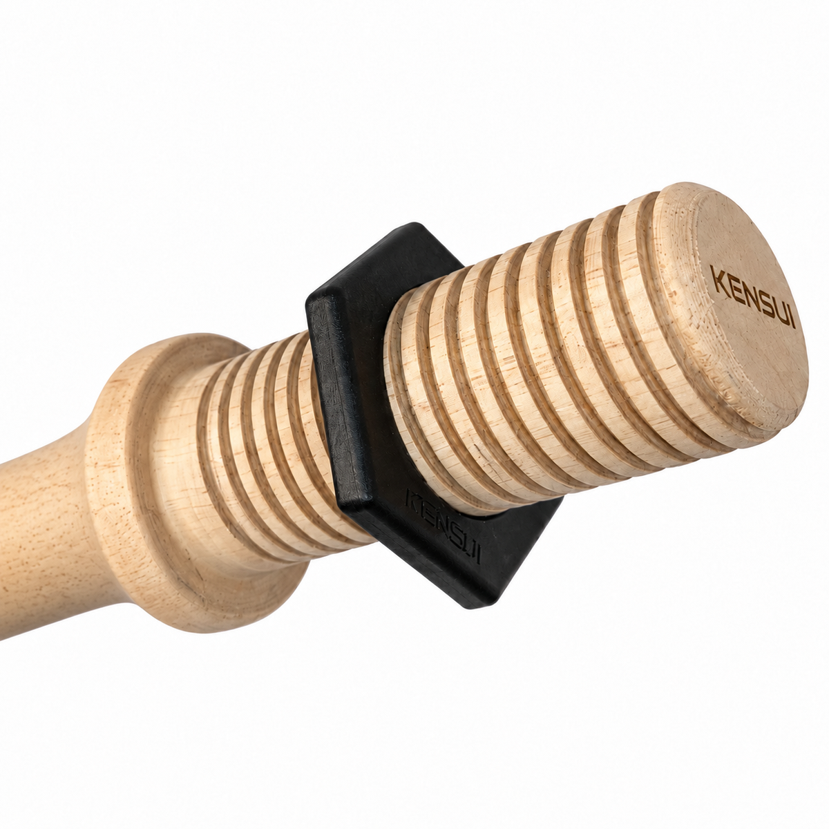 Timber wooden sleeve close-up with slim collar partway along the threads and an engraved KENSUI end