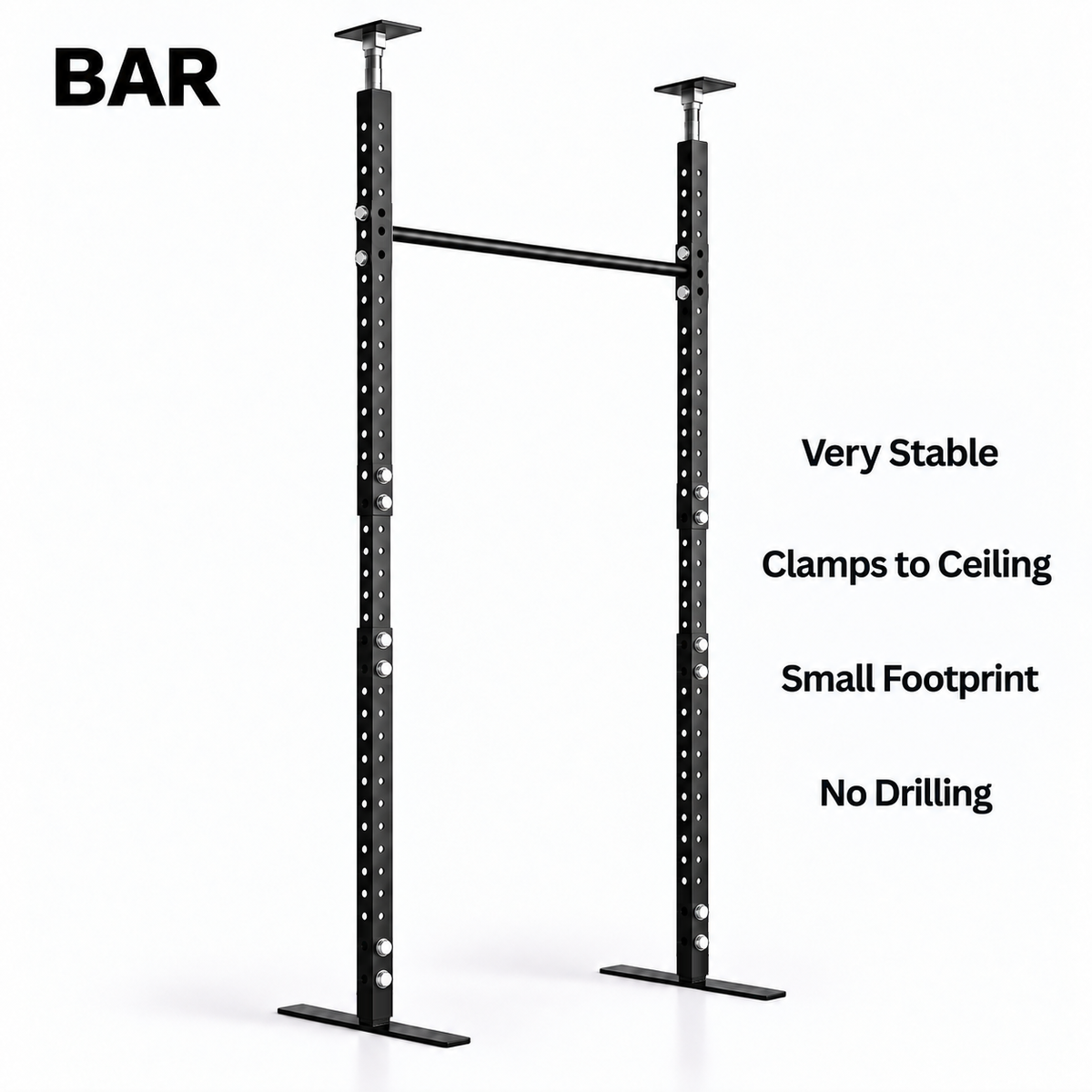 Torii BAR pull-up station with telescoping uprights, ceiling clamps and short exposed base tubes above flat feet.