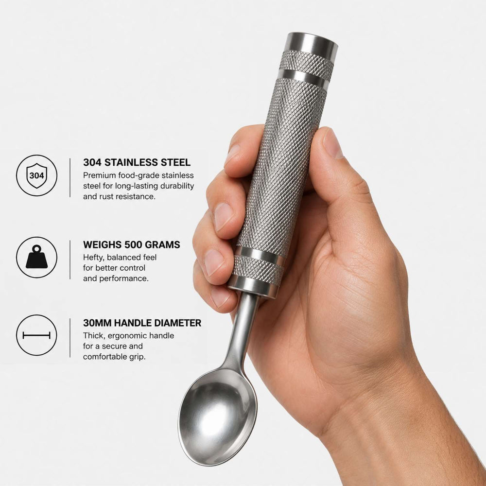 The weighted spoon showing its knurled handle and balance markings