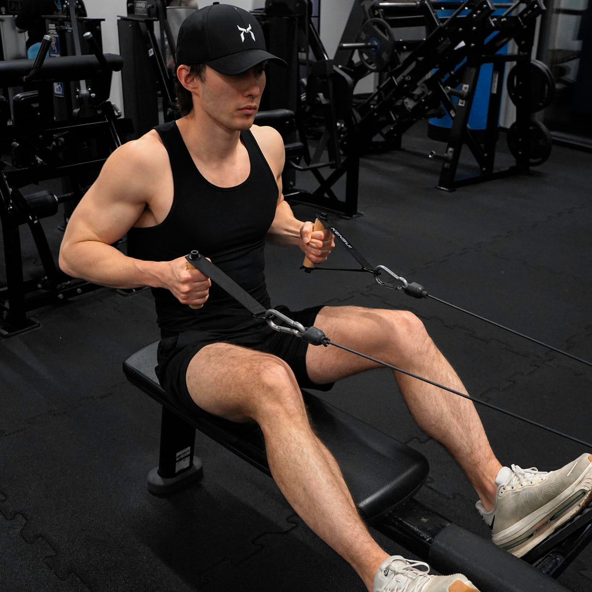 Kensui Woody Handles in use during a seated cable row