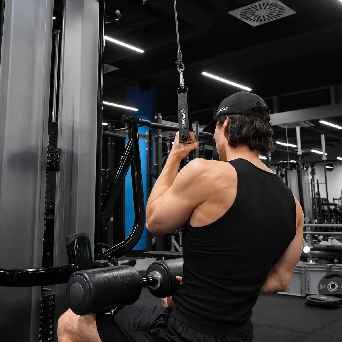 Kensui Woody Handles in use during a seated cable pulldown