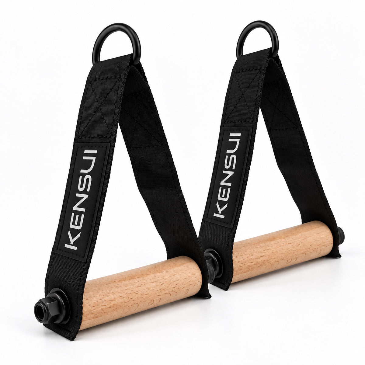 Pair of Kensui Woody Handles with natural wooden grips and black straps on a white background