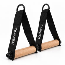 Load image into Gallery viewer, Pair of Kensui Woody Handles with natural wooden grips and black straps on a white background