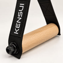Load image into Gallery viewer, Close-up of a single Woody Handle showing the wooden grip, black hardware, reinforced webbing, and Kensui label