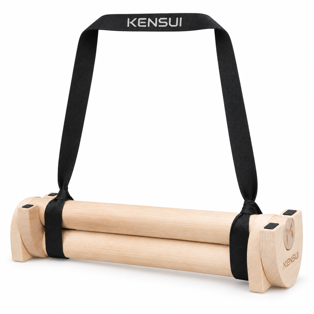 Kensui YinYang carrying strap fitted around wooden parallettes on white. Strap only; parallettes not included.