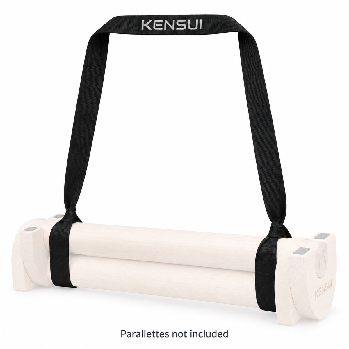 Kensui YinYang carrying strap shown in solid black around faded wooden parallettes. Parallettes not included.