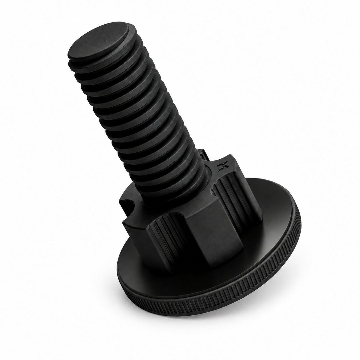 A black PA6-GF30 AdaptaBELL centering adapter seated on a threaded peg above a rubber-covered circular base.
