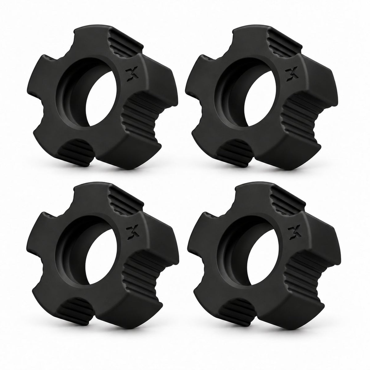Pack of 4 black PA6-GF30 AdaptaBELL centering adapters arranged in a grid on white.