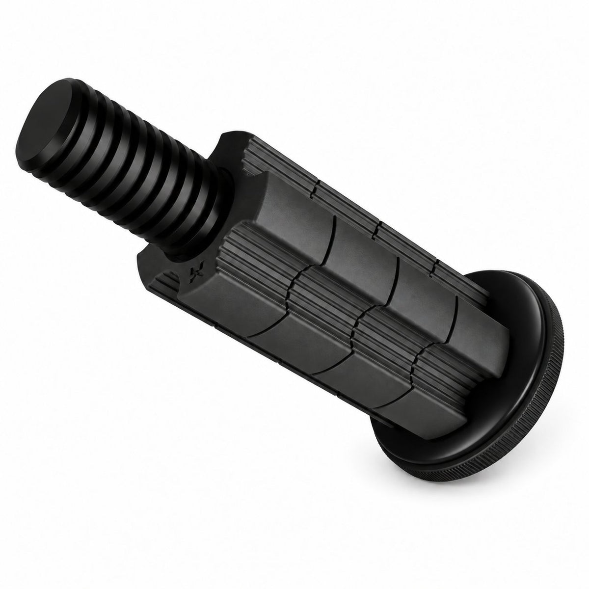 Four black PA6-GF30 centering adapters stacked on an AdaptaBELL extension peg with a rubber-covered base.