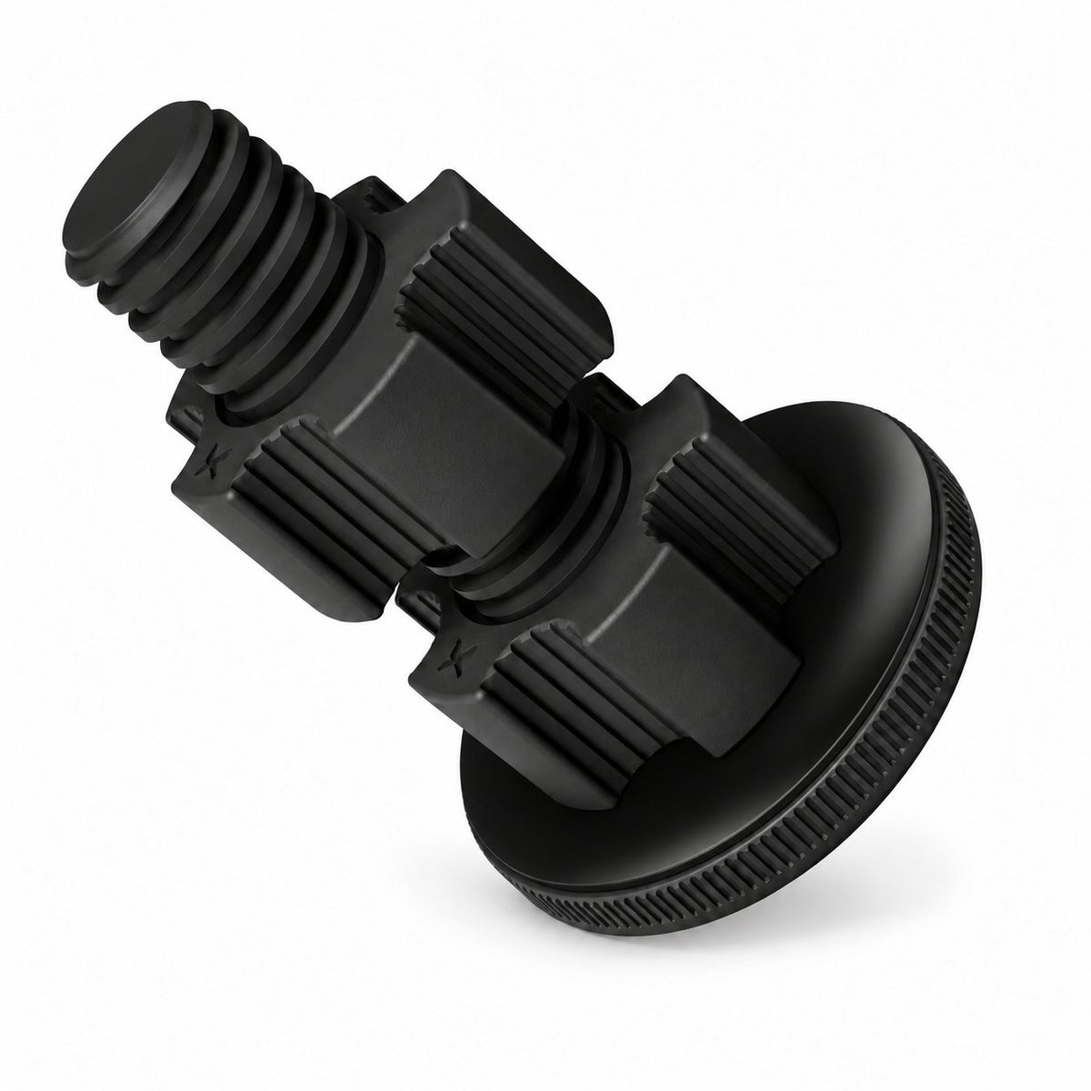 Two black PA6-GF30 AdaptaBELL centering adapters spaced on a threaded peg above a rubber-covered circular base.