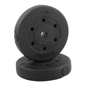 Two black circular weight plates with grip holes.