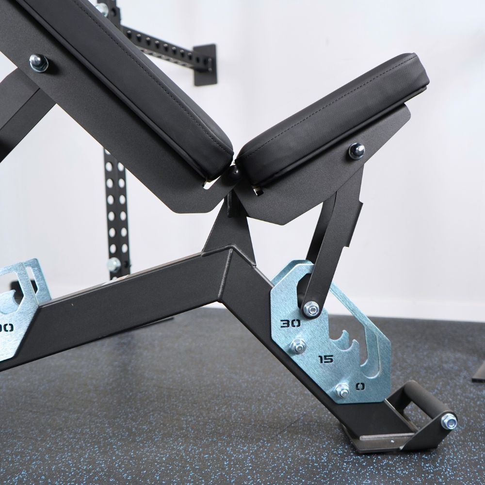 Side view of the bench seat, support frame and angle-adjustment plate.