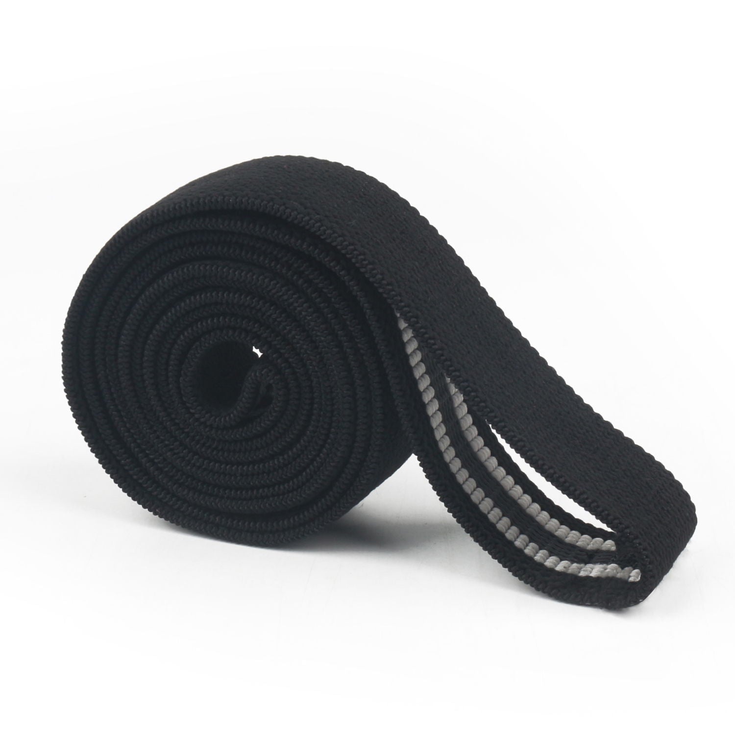 Rolled black fabric resistance band with two light inner grip strips.