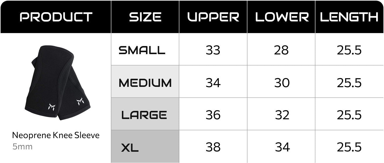 Neoprene knee sleeve size chart showing upper and lower circumference and length for sizes small through XL.