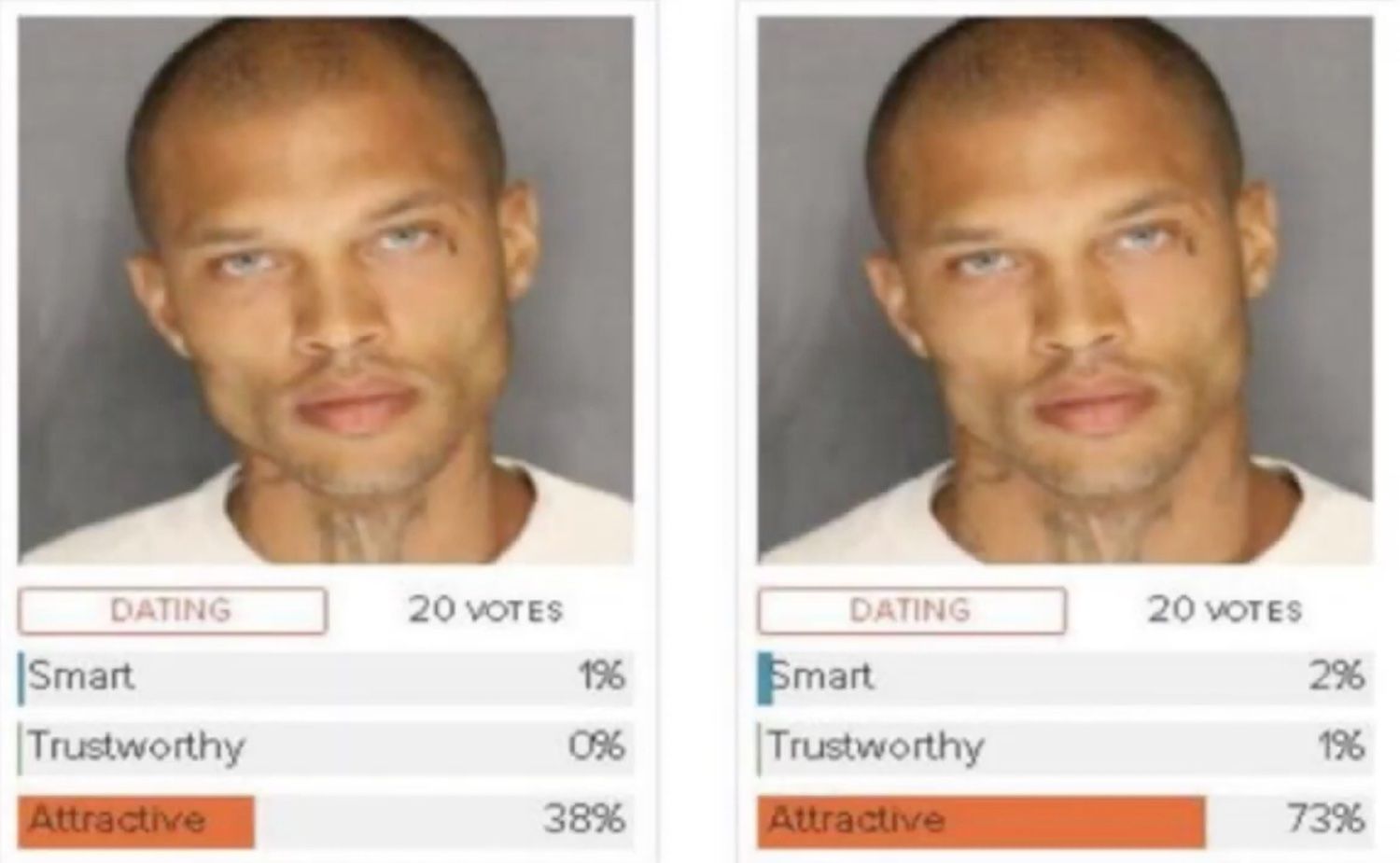 Side-by-side portrait comparison with survey ratings.