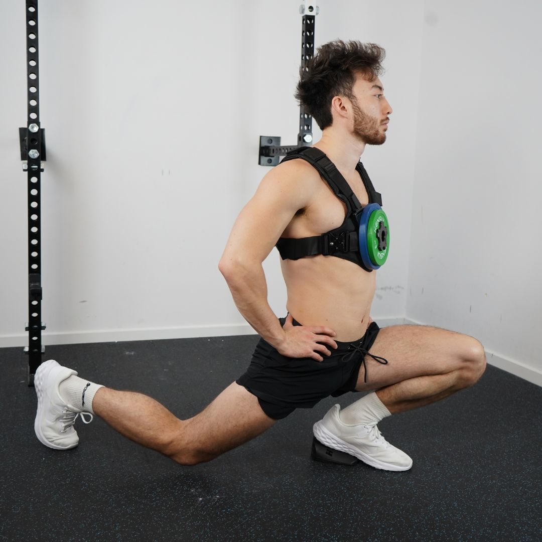 Person doing a deep split squat while wearing EZ-VEST.
