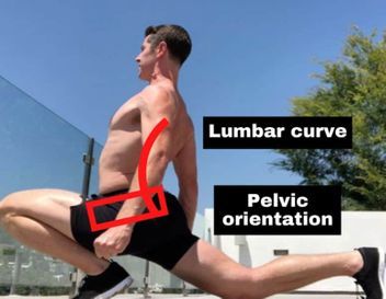 Split-squat demonstration highlighting lumbar curve and pelvic orientation.