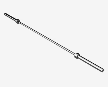 Silver barbell with black collars on a white background.