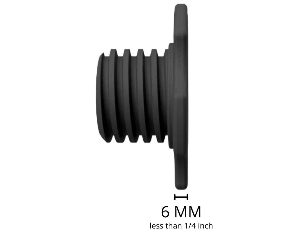 Side view of a threaded adapter with a flange labelled 6 mm, less than one quarter inch.