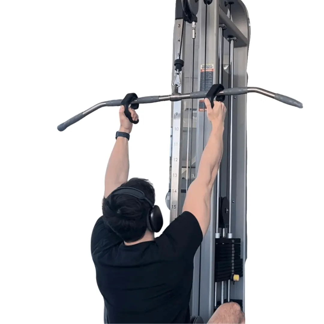 Person using hooked handles on a lat pulldown bar.